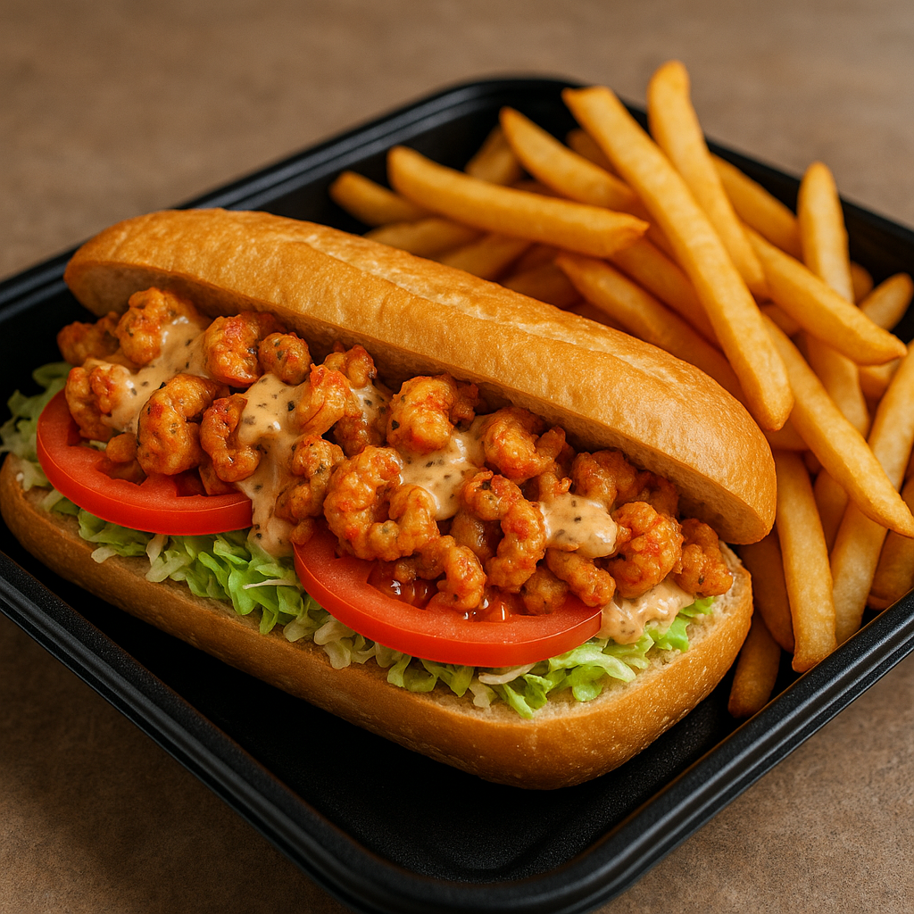 Crawfish Po'Boy and Fries - Fried crawfish sandwich with crispy fries