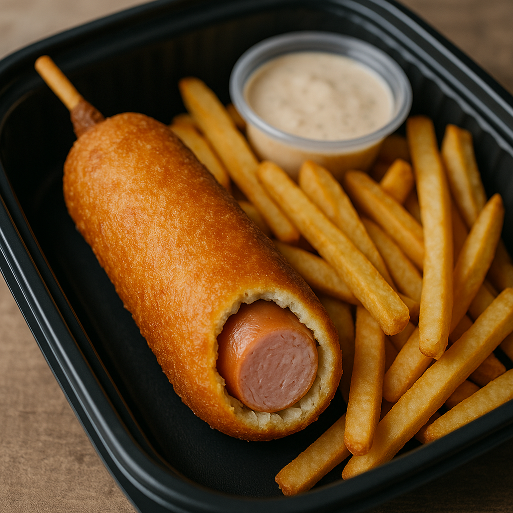 Gator Corn Dogs and Fries - Gator bites in corn dog batter with crispy fries