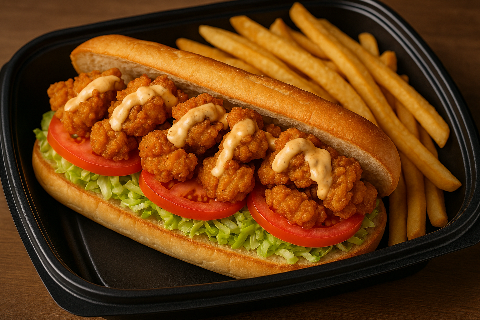 Gator Po'Boy Sandwich and Fries - Fried gator strips on a toasted bun with crispy fries